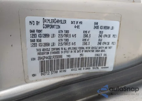 2001 Dodge Grand Caravan Sport из США, поврежденный, VIN 2B4GP44321R358906